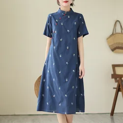 2025 Navy Blue Cotton Chinese Cheongsam Dress Women Embroidery Vintage Summer A-line Dress Mid Long Female Qipao M To Xxl