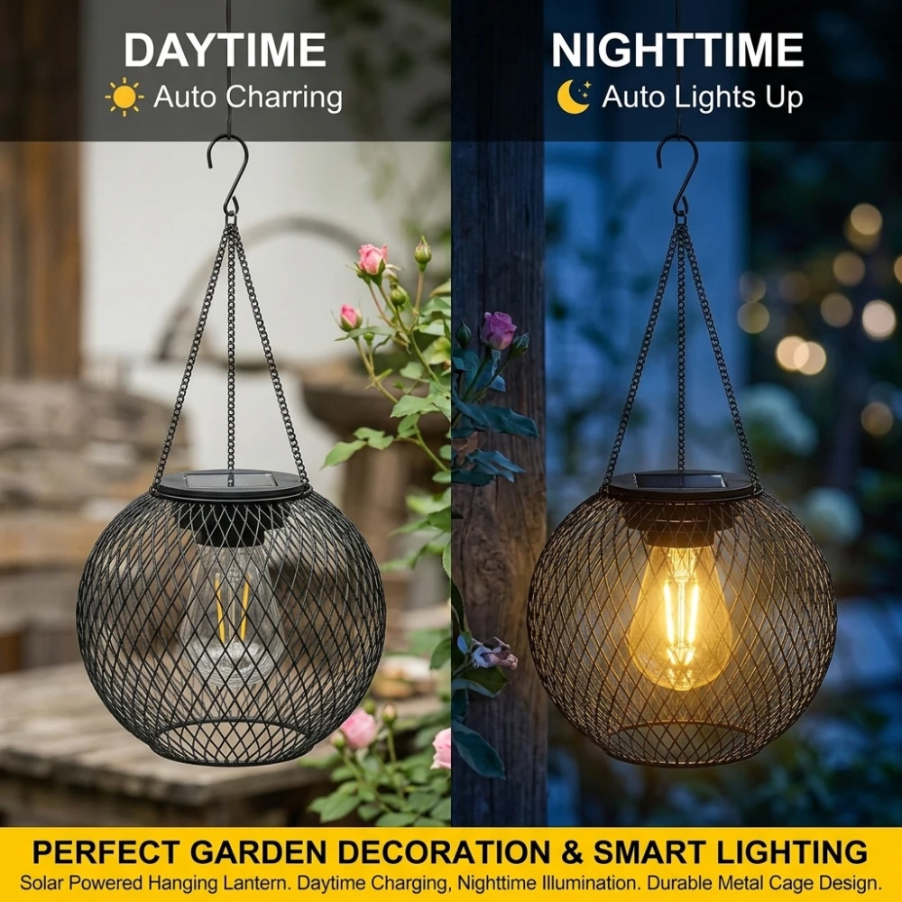 Outdoor Solar Lantern Lights  Hanging Candle Holder with Solar Lights Waterproof Chandelier for Patio Backyard Pergola Decor
