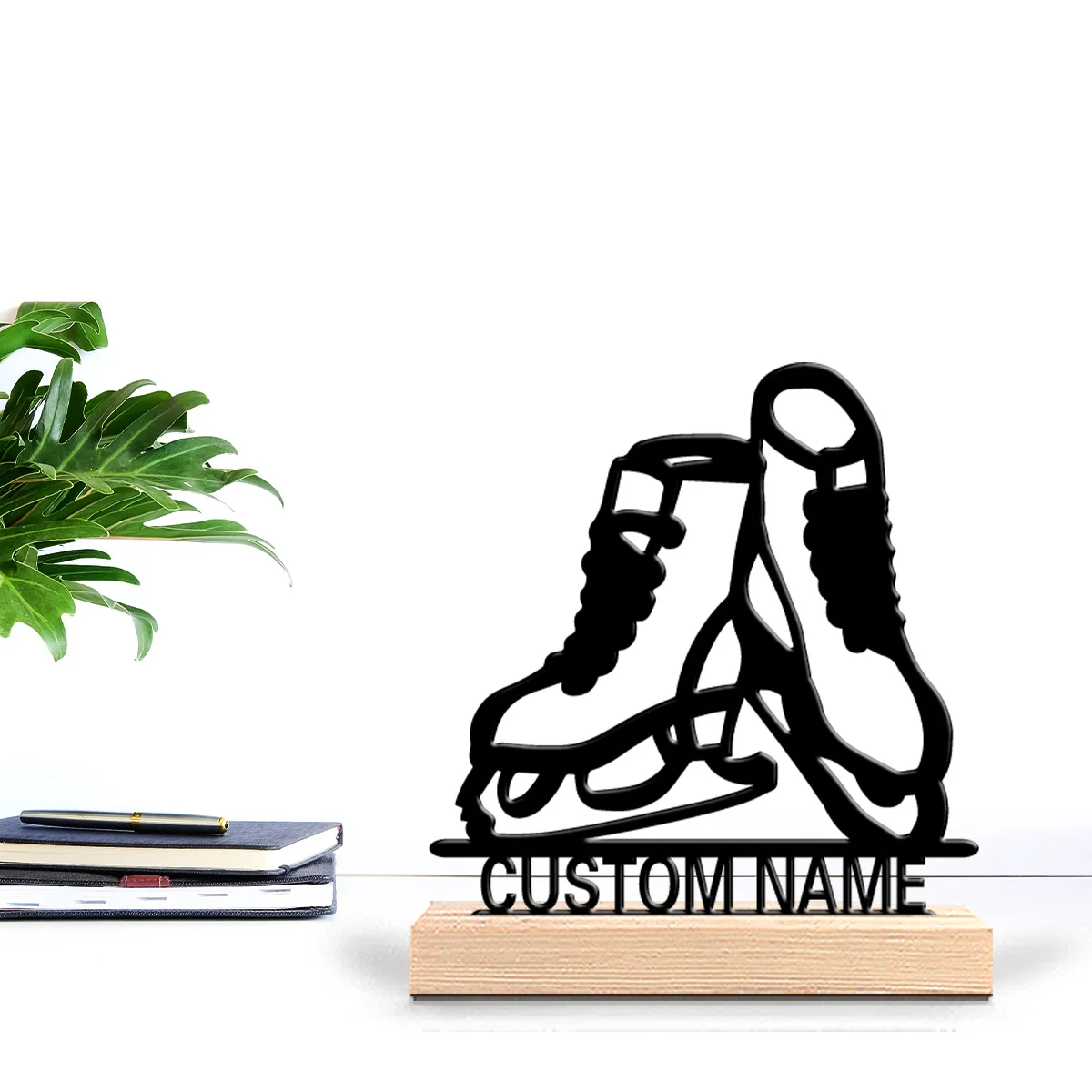 1pc Simple Ice skates Custom Text Tin Statue Metal Ornament Art Figurine With Wood Base Iron Ornament Bedroom Table