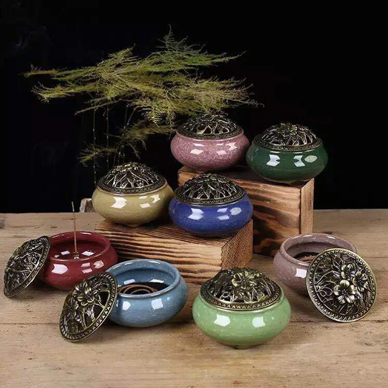 Incense Burner With Lid Hollow Top Censer Holder Heat Resistance Incense Tower Ice Crack Pattern Peaceful Mind Censer Burner