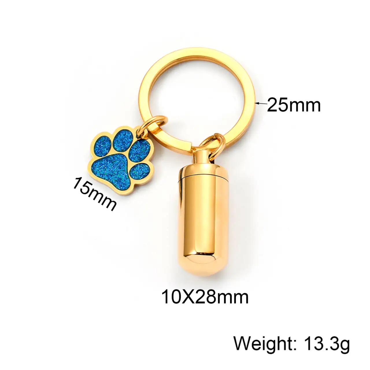 Stainless Steel Golden Cylinder Urn Keychain with Colorful Paw Print Memorial for Ashes Hair Perfume Cremation Jewelry Gift