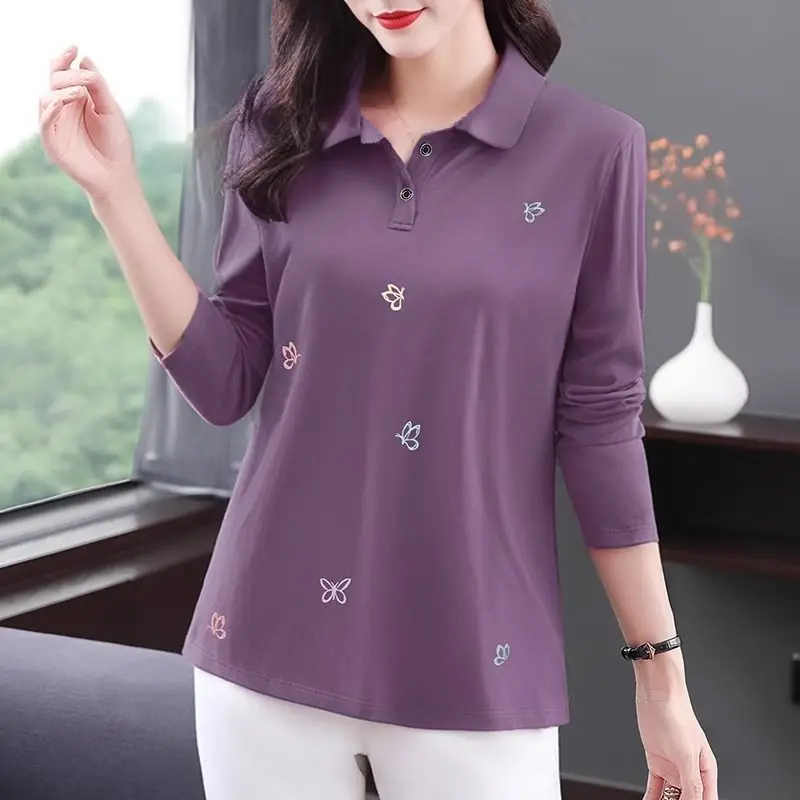 Long Sleeved T-shirt for Women Spring Autumn Collection Trend Ystylish. Mom's Lapel Polo Shirt Oversized Loose Top Base Shirt