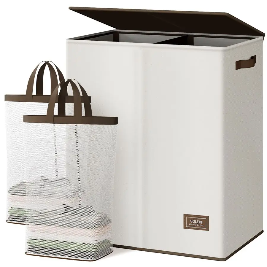 

Luxury Double Laundry Hamper with Lid and Removable Bags, Large Hamper for Laundry, Laundry Basket 2 Sections, Collapsible Ditry
