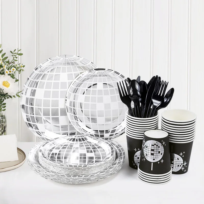 

10/20pc Disco Ball Theme Tableware Set Silver Disco Plates Napkins Cups Adults Happy Disco Birthday Wedding Party Decor Supplies