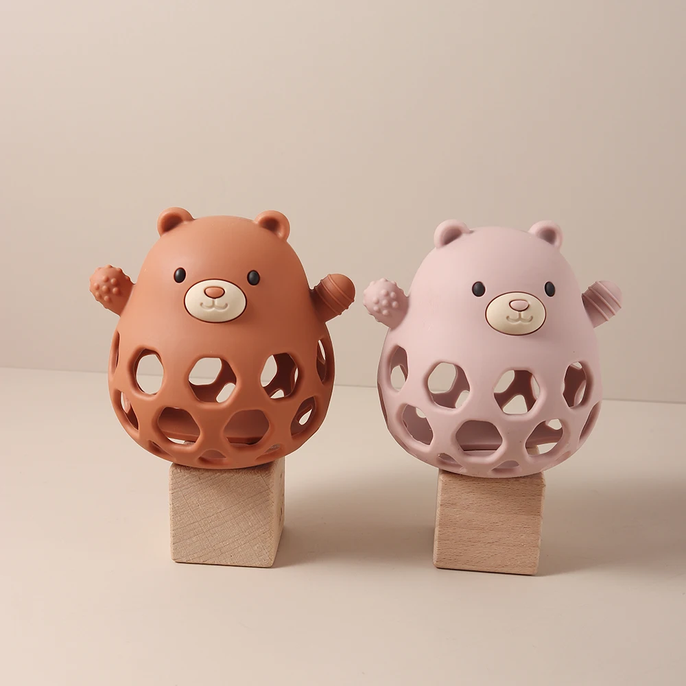 3D Baby Teether - Standable Hollow Bear Silicone Teething Toy Infant Chewable Rattle for Soothing Gums, BPA-Free
