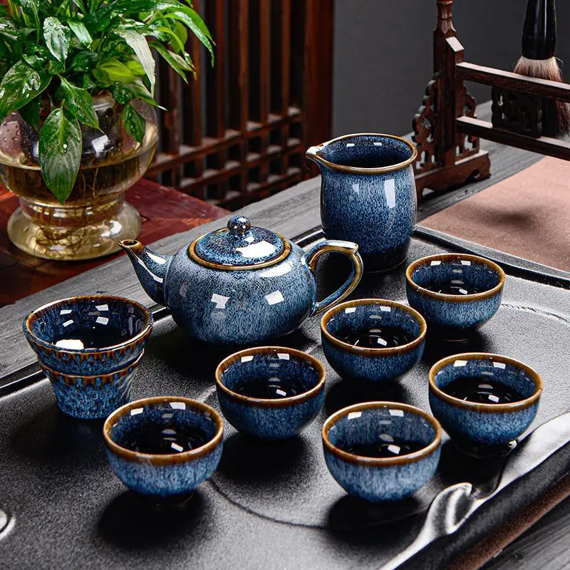 Kung Fu Tea Set Luxury Household Retro Ceramics Office Commerce Ru Kiln Kungfu High-end Chinese Tea Set With Cups and Kettle Bar