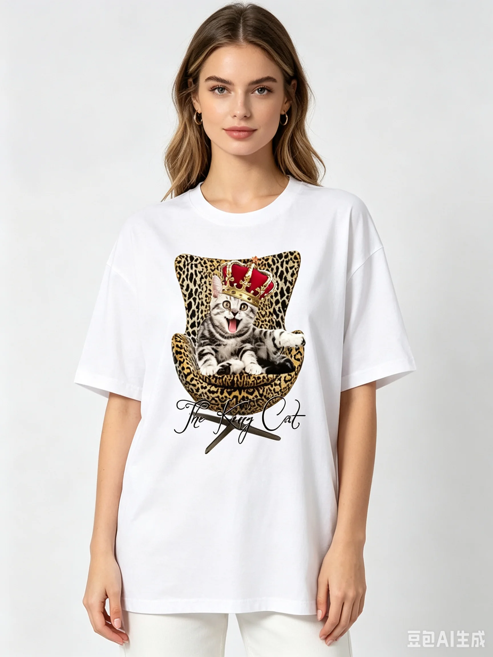 The King Cat Crown Leopard Chair Print Women White Crew Neck T Shirt Casual Short Sleeve Top