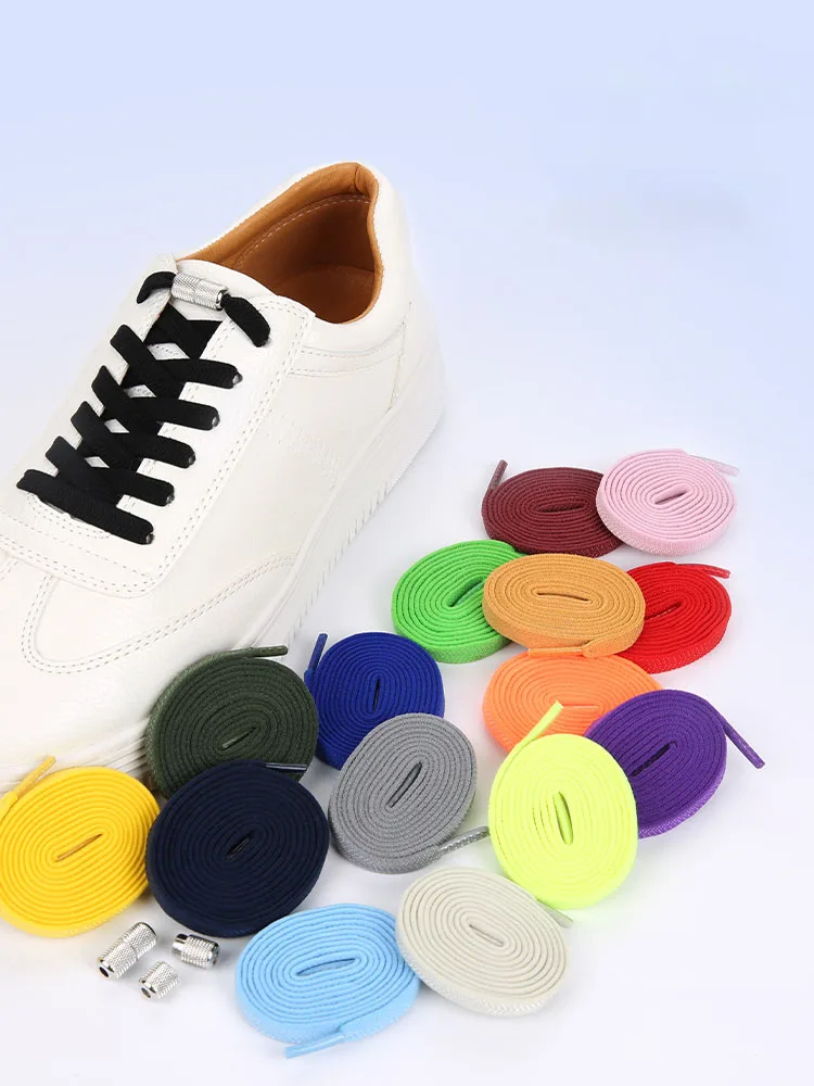 Elastic Flat Shoelaces for Sneakers No Tie Shoe Laces Metal Flower Noodle Capsule Buckle One Size Fits All for Kids and Adults