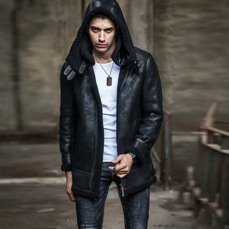 

Winter Men's Real Sheepskin Fur Shearling Leather Jacket Removable Hat Double Collar One Hooded Genuine Coat