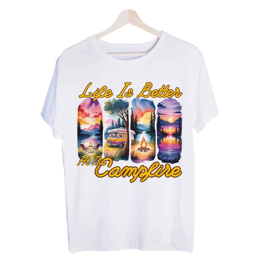 Men's Camping Scene Graphic Tee, Nature Landscape Print Short Sleeve T-Shirt for Outdoor Adventure and Casual Wear