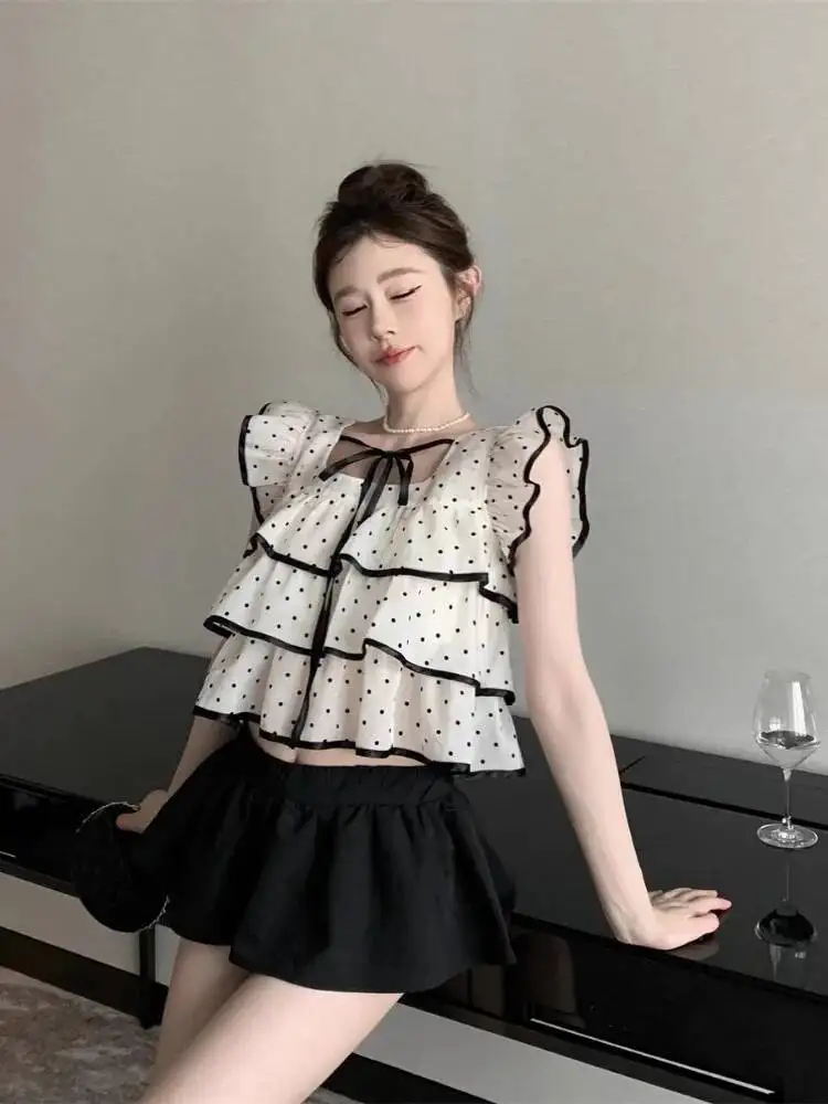 Ezgaga Sweet Shirts Women Polka Dot Lace Up Flying Sleeve Square Collar Crop Tops Slim Elegant Blouse Female Summer Casual