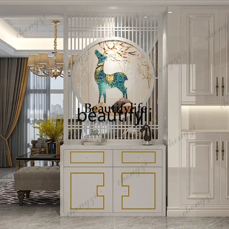 03  Light luxury American wood grille screen partition living room entrance decoration shoe cabinet rack seat screen