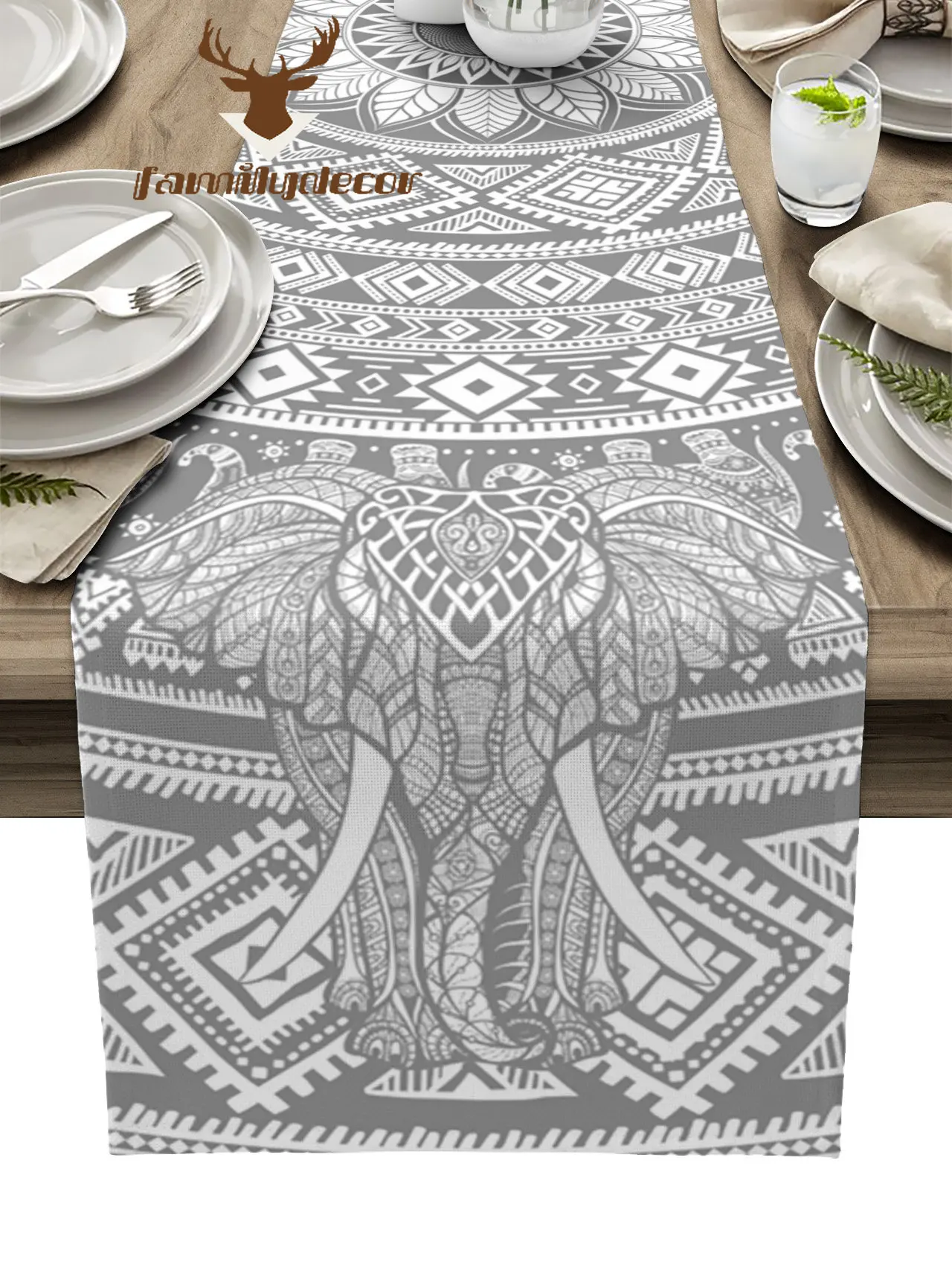 

Mandala Pattern Elephant Grey Table Runner Home Wedding Table Flag Mat Centerpieces Decoration Party Dining Long Tablecloth