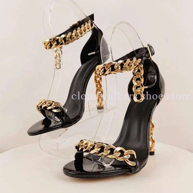 

Sexy Metal Hollow Chain Buckle Modern Fashion Sandals Peep Toe Strange Heel Patent Leather Sandals Sexy Metal Ankle Strap Sandal