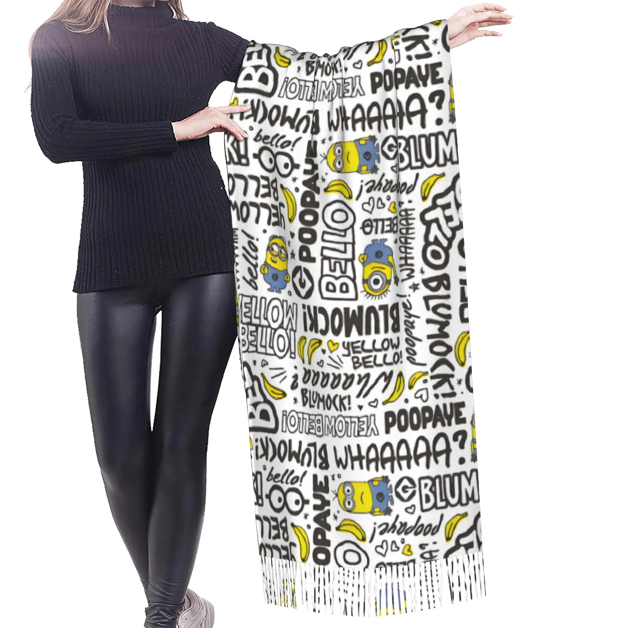 Custom M-Minioned Anime Scarf Wrap for Women Long Winter Fall Warm Tassel Shawl Unisex Manga Cartoon Scarves