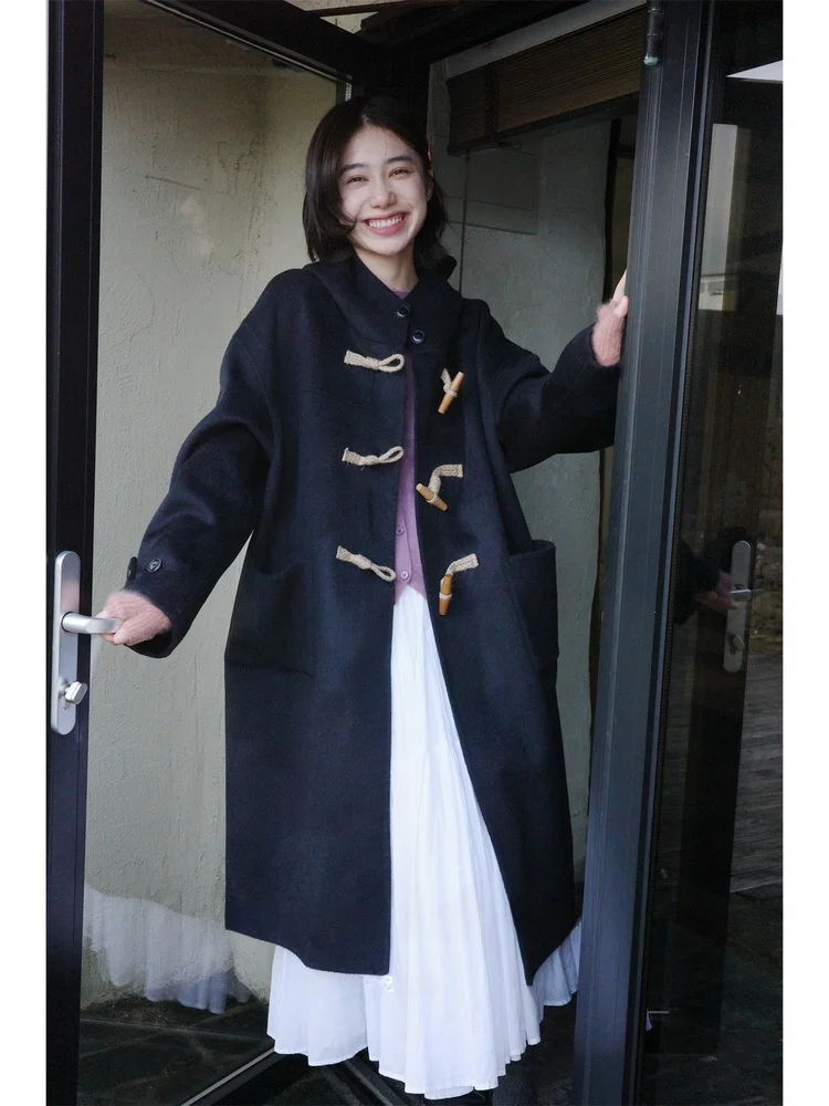 

Double-Sided Woolen Coat with Hood in Plaid Pattern by Baijing Park 95% eep Wool And 5% Camere Casual Sle for Young Women