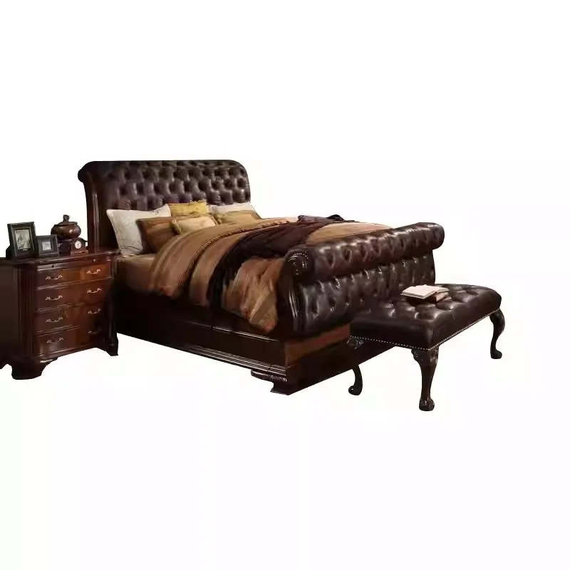 American-style Solid Wood Bed, Luxurious European-style Vintage Hotel Villa Sleigh Bed