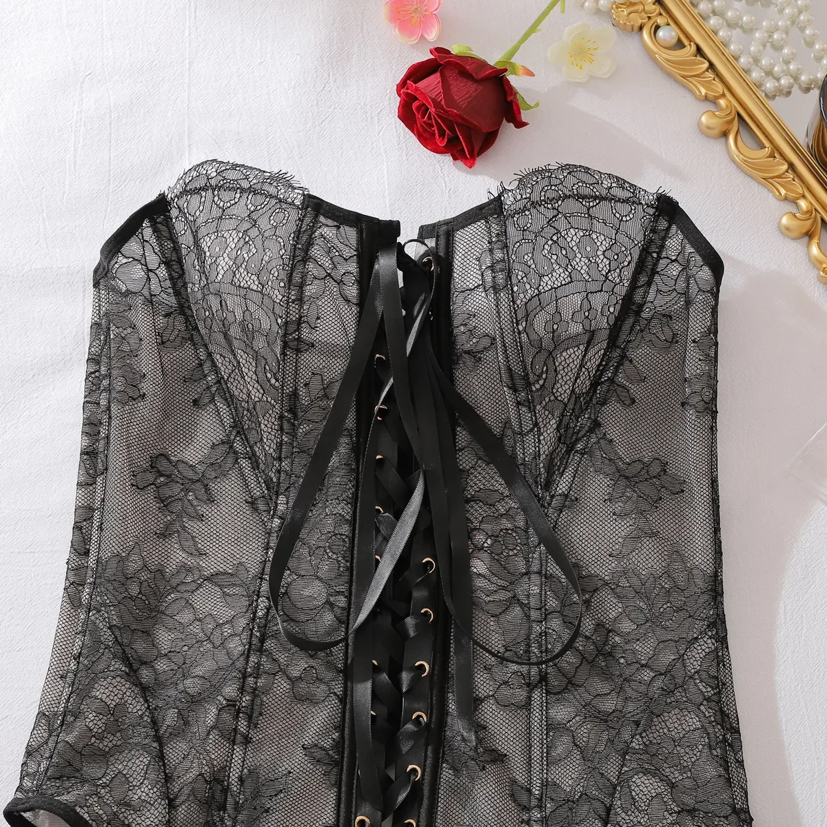 Strapless Floral Lace See Through Erotic set Women Corset Garter Mini Dress Lace Up Hollow Thong Elegant Wedding Night Lingerie view 5