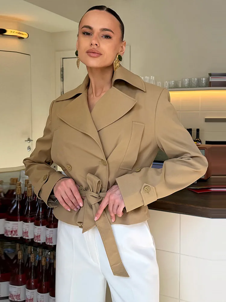 Elegant Women's Solid Belt Skirt Sets Slim Lapel Full Sleeve Lace Up Cropped Jackets Long Slit Skirts 2026 Autumn Matching Sets image 5