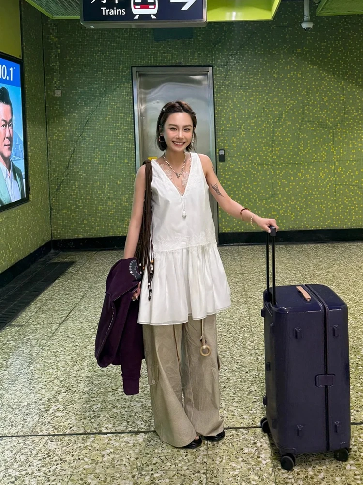 Kant borduurwerk V-hals jurk Temperament Casual witte losse gezwollen damesjurken 2025, zomer nieuw