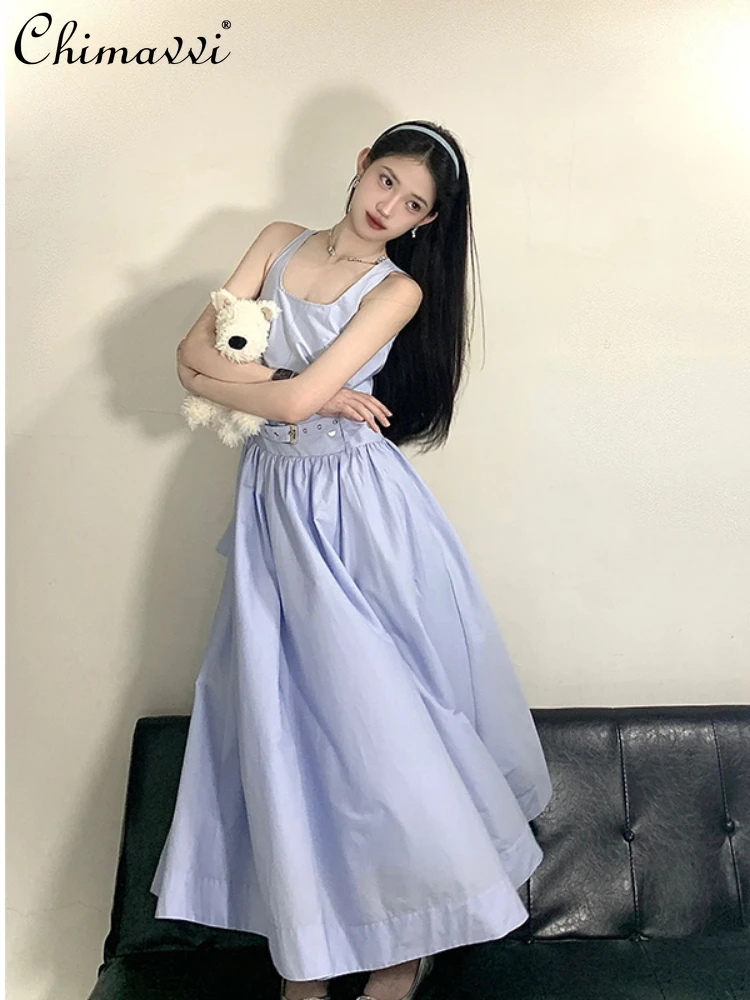 Elegant Purple Fashion Square Collar Sleeveless Sexy Crop Top Vest High Waist A-Line Long Skirt Two-Piece Set Women Summer 2024