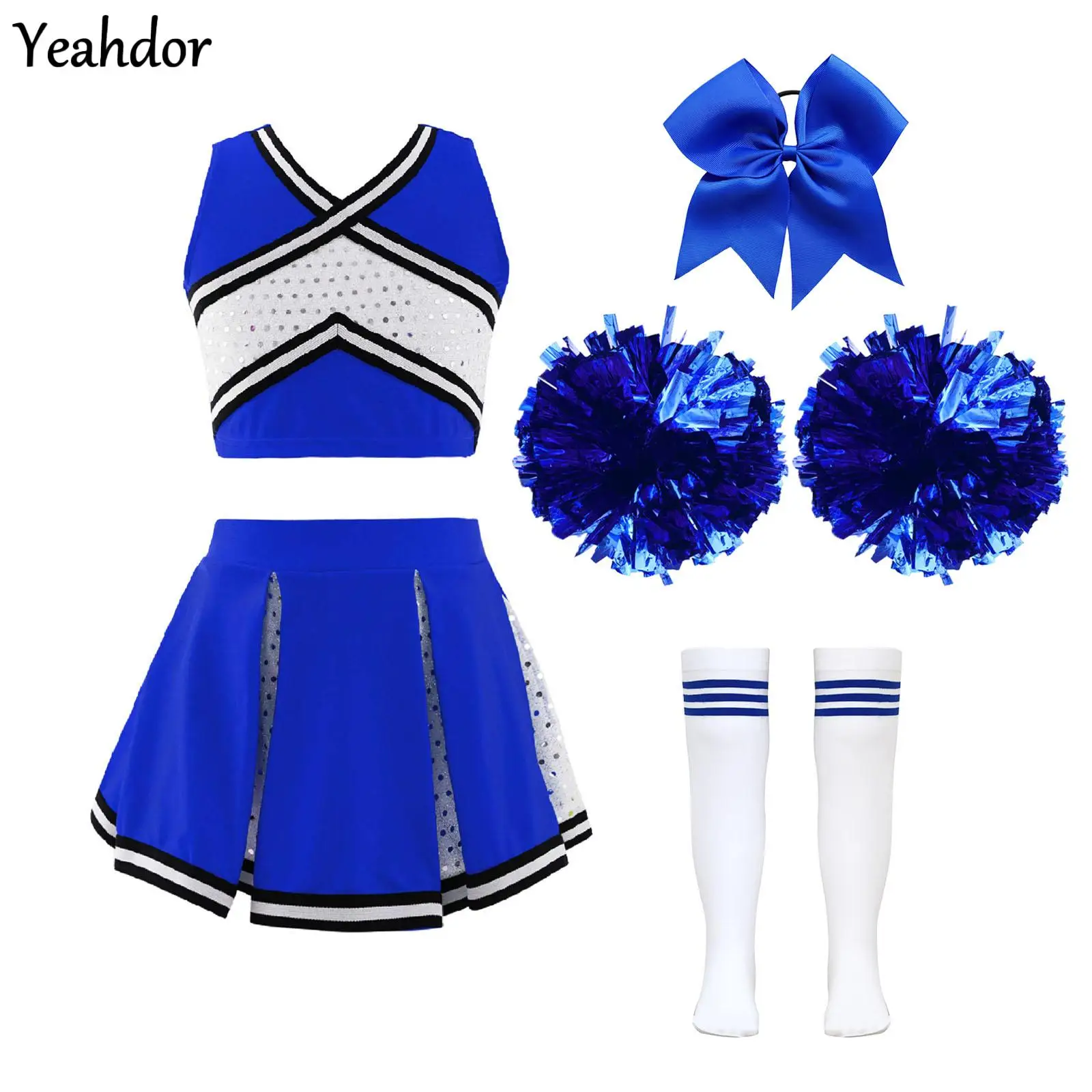 

Kids Girls Cheerleading Costume Set Sequins Crop Top Pleated Skirt with Headwear Hand Flowers Socks School Cheerleader Uniforms
