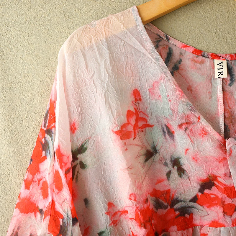 Retro Asymmetric Floral Print T-irt with Bell Sves V-Ne Splice Pleated plus Size Women's Summer Top for Commuting