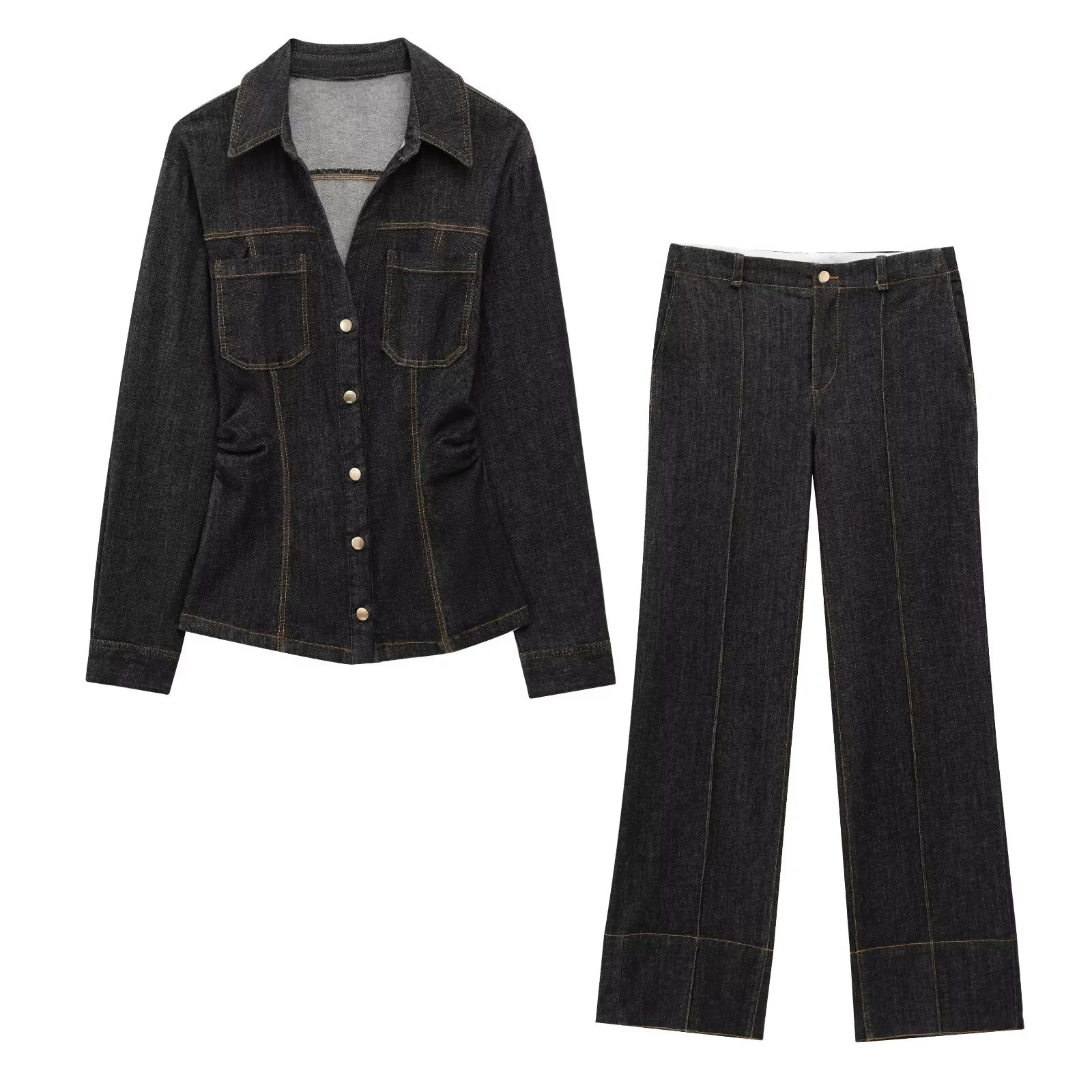 

PB&ZA Women Denim Set Long Sleeve Button Up Jacket with Pockets and Wide Leg Trousers for Casual Fashionable Look