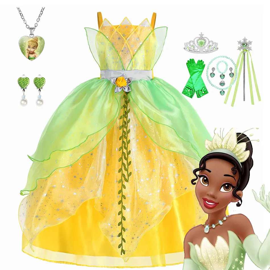 

Disney Tiana Princess Dress for Girls The Princess and the Frog Cosplay Costume Children Carnival Party Performance Ball Gown