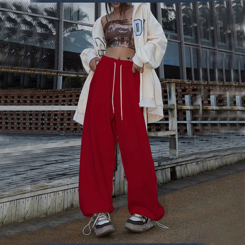 Streetwear Vintage Elastic High Waist Wide Leg Pants Women Solid All-match Fashion Straight Hip Hop Loose Dance Sports Trousers