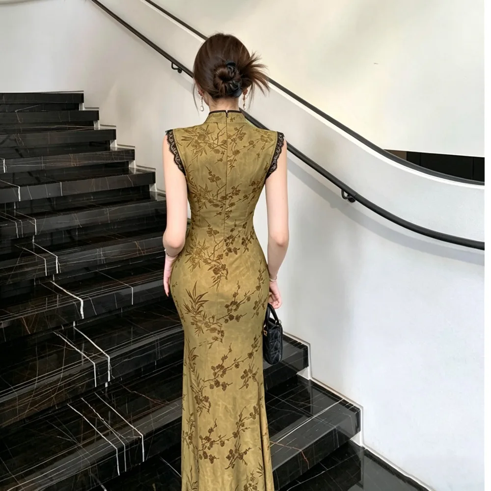 Slimming Ice Silk Velveted Sleeveless Stand Collar Dress Elegant High Waist A-Line Long Skirt Vintage New Summer Fashion view 5