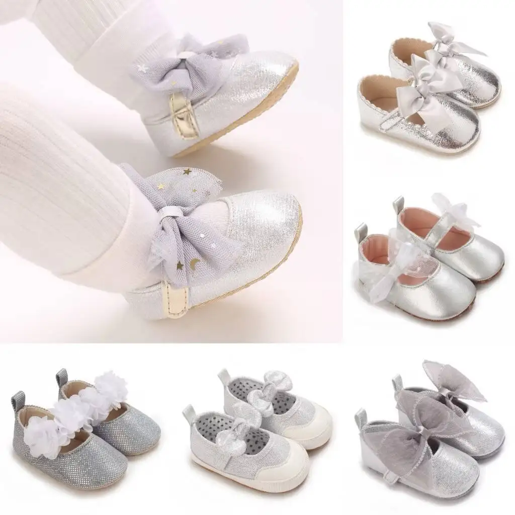 Spring and Autumn Baby Cute Silver Princess Shoes 0-12 Months Comfortable Walking Shoes for Baby Girls