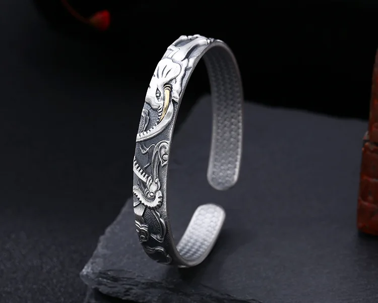 

999 sterling silver adjustable elephant heart sutra cuff bangle