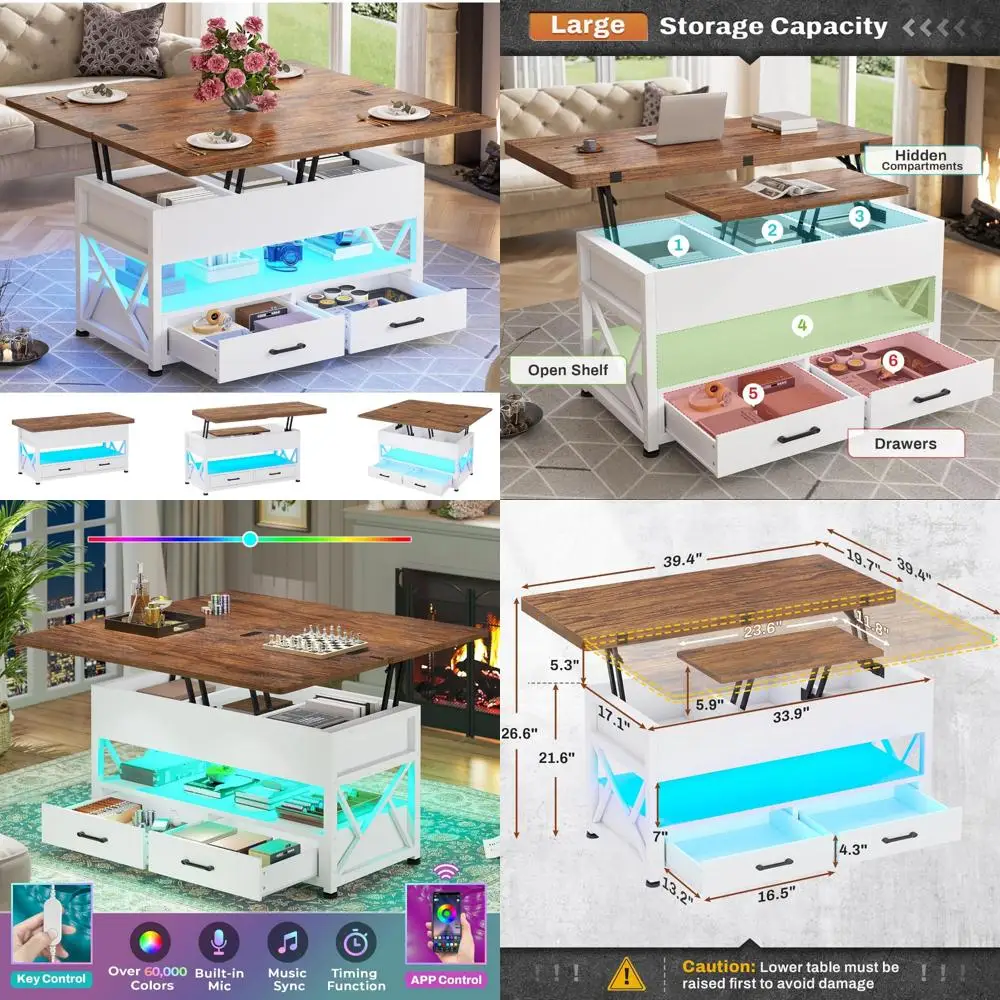 

LED Illuminated Coffee Table with Storage and Drawers for Living Room, 4-in-1 White Modern Small Table