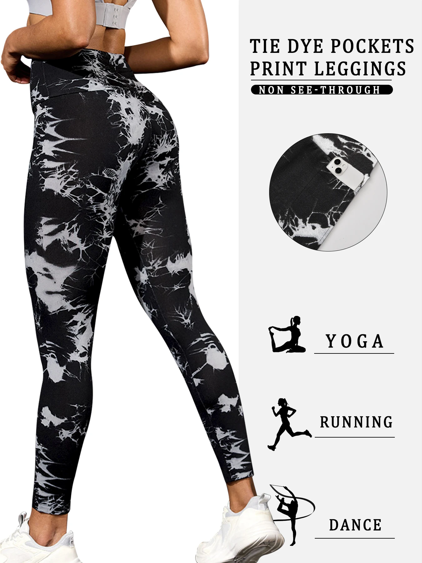 Paquete de 3 mallas súper suaves de cintura alta con estampado Tie Dye y bolsillos para mujer, Control de barriga, sin transparencias, entrenamiento, correr, Yoga