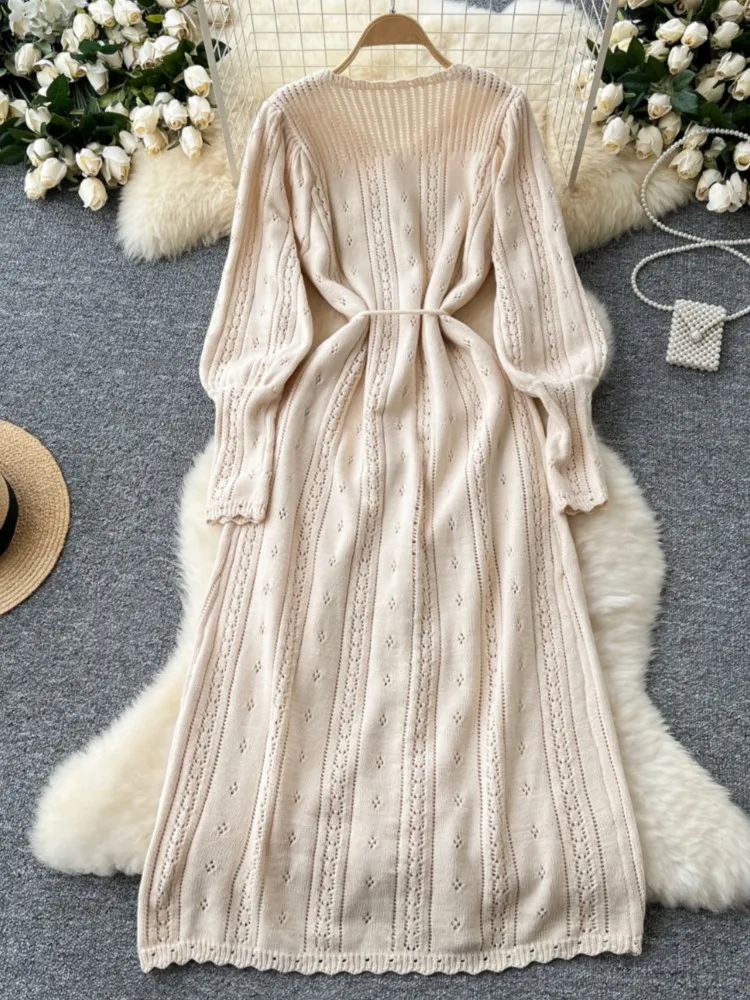 Elegant Autumn Solid Knitted Dresses for Women Sweet Hook Flower Hollow Strap A-line Korean Fashion Casual Vestidos Mujer New