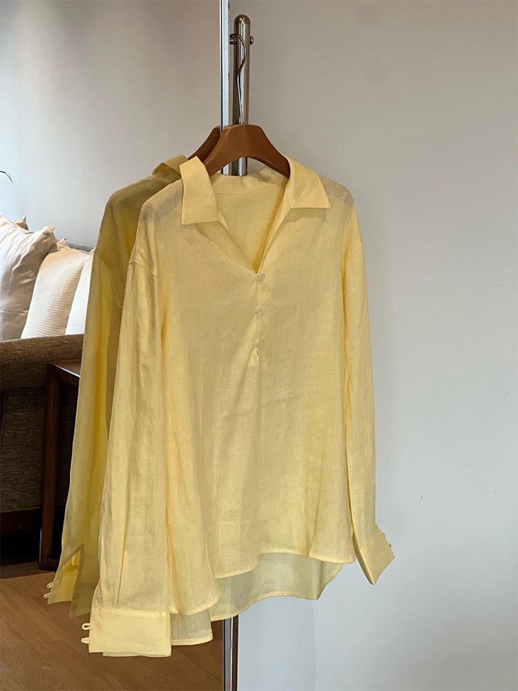 

Heidd Early Spring 2026 Yellow Loose Fit Long Sve V-Ne Linen irt Women's Ele Sle Comfortable Loose irt