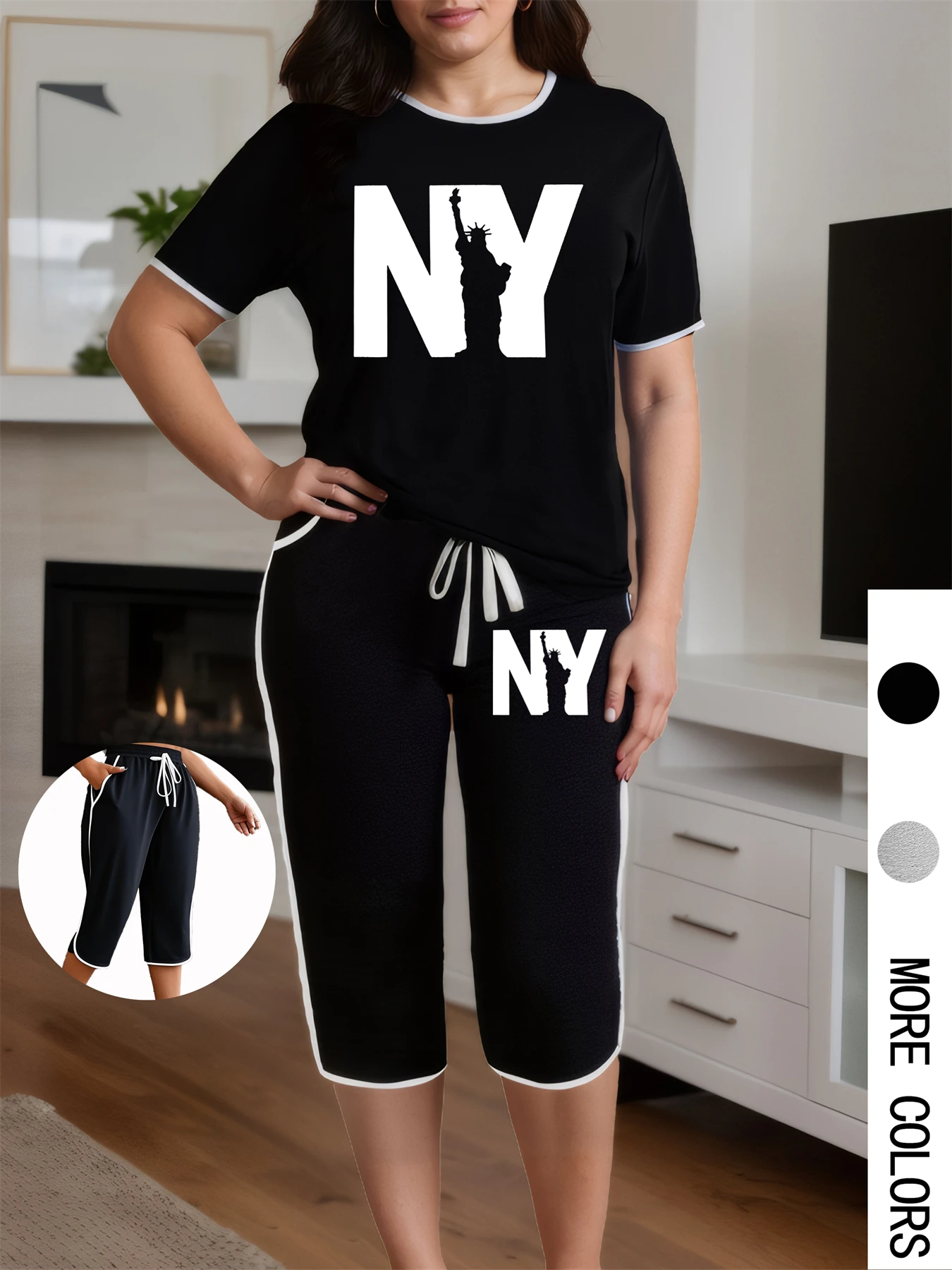 

Plus Size Women Two Piece Set NY Letter Print Short Sleeve T-shirt Capri Pants Summer Suits Oversize Chic 2 Piece Outfits