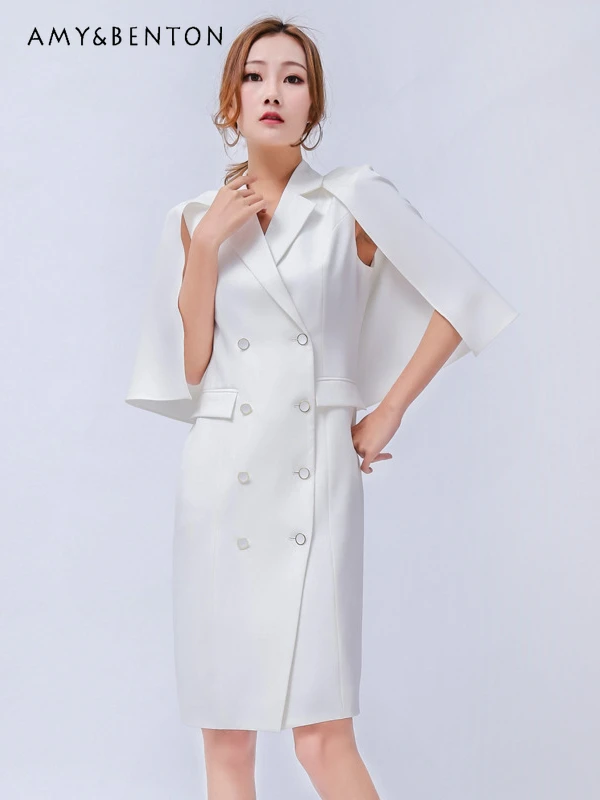 

Office Lady Fashion Temperament White Cape Dress for Women Summer New Suit Collar Double Breasted OL Professional A-line Dresses