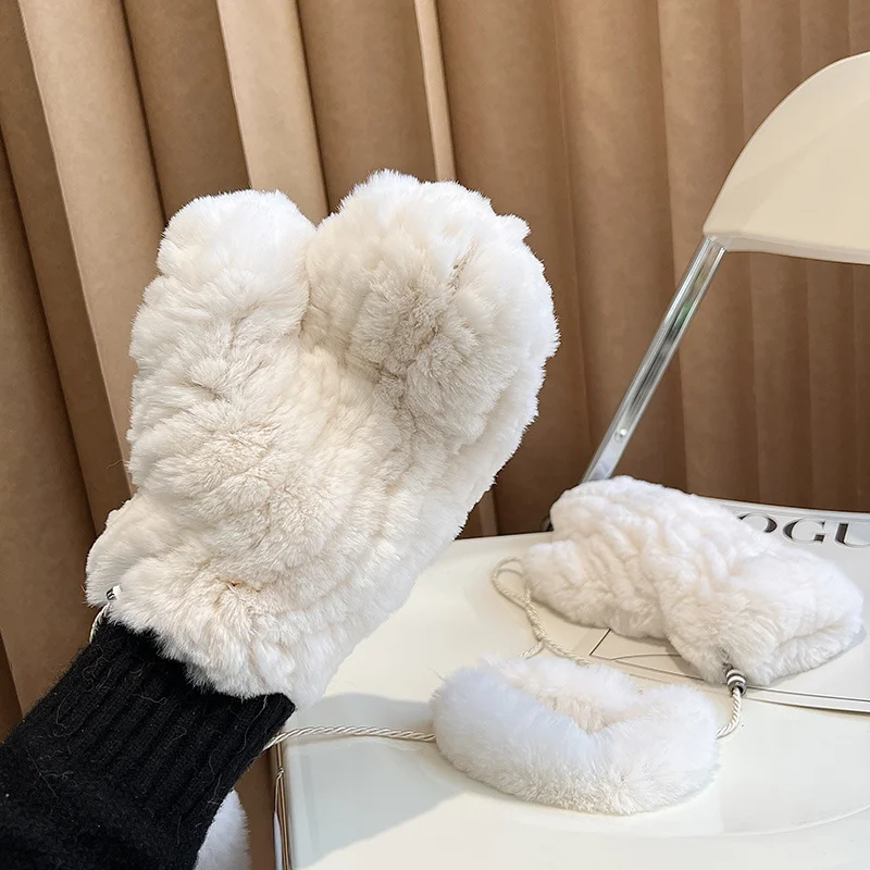 Rex Rabbit Fur Gloves Winter Warm Wind Proof Fur Gloves Real Fur Mittens For Women Handmade Knit Fur Mitten Outdoor Fur Gloves