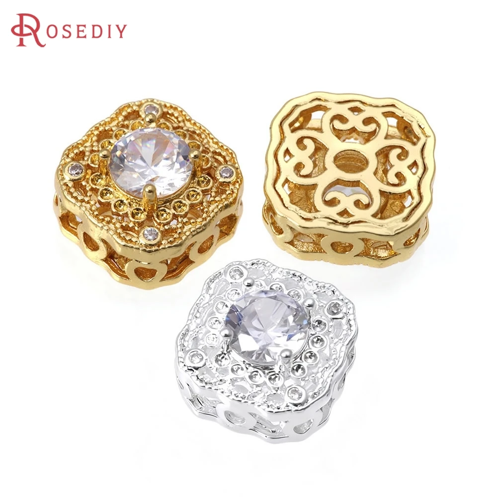 6PCS 18K Gold Color Brass and Zircon Square Spacer Beads Bracelets Beads High Quality Diy Necklace Earrings Making Accessories