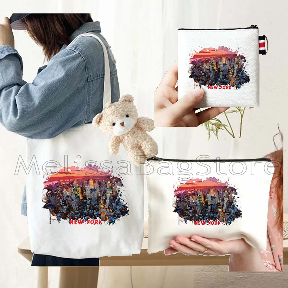 4PCS Gift Set New York City Black Canvas Tote Bag Handbag with Doll Key Coin Purse Cosmetic Makeup Toilet Bag Case Pouch