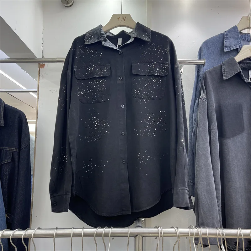 SuperAen European and American Style Embroidered Diamond Cotton Denim Coats for Women Spring New Design Mid-length Loose Shirts