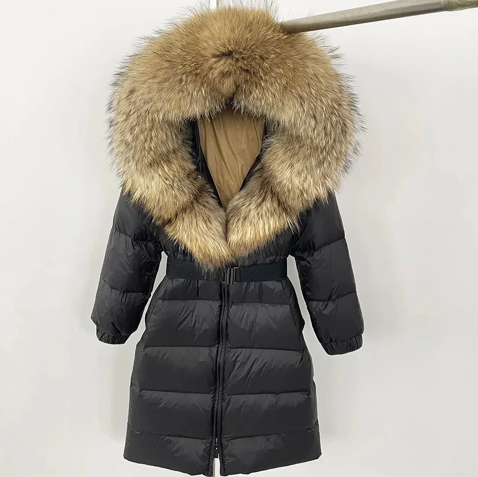 

Natural Thick Warm Long Winter Jacket Women 90% White Duck Down Coat Real Big Fox Fur Collar Belt Loose Puffer Parka