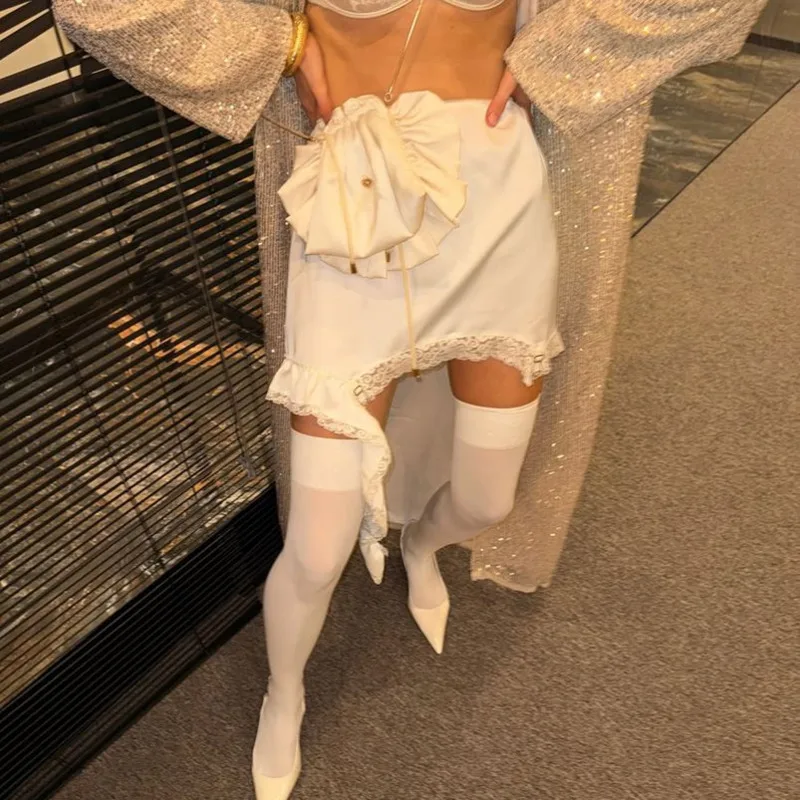 Lace Mini Skirt Asymmetric Ruffle High Waist Women Autumn Winter Party Beach Casual White Elegant Chic Stylish Streetwear
