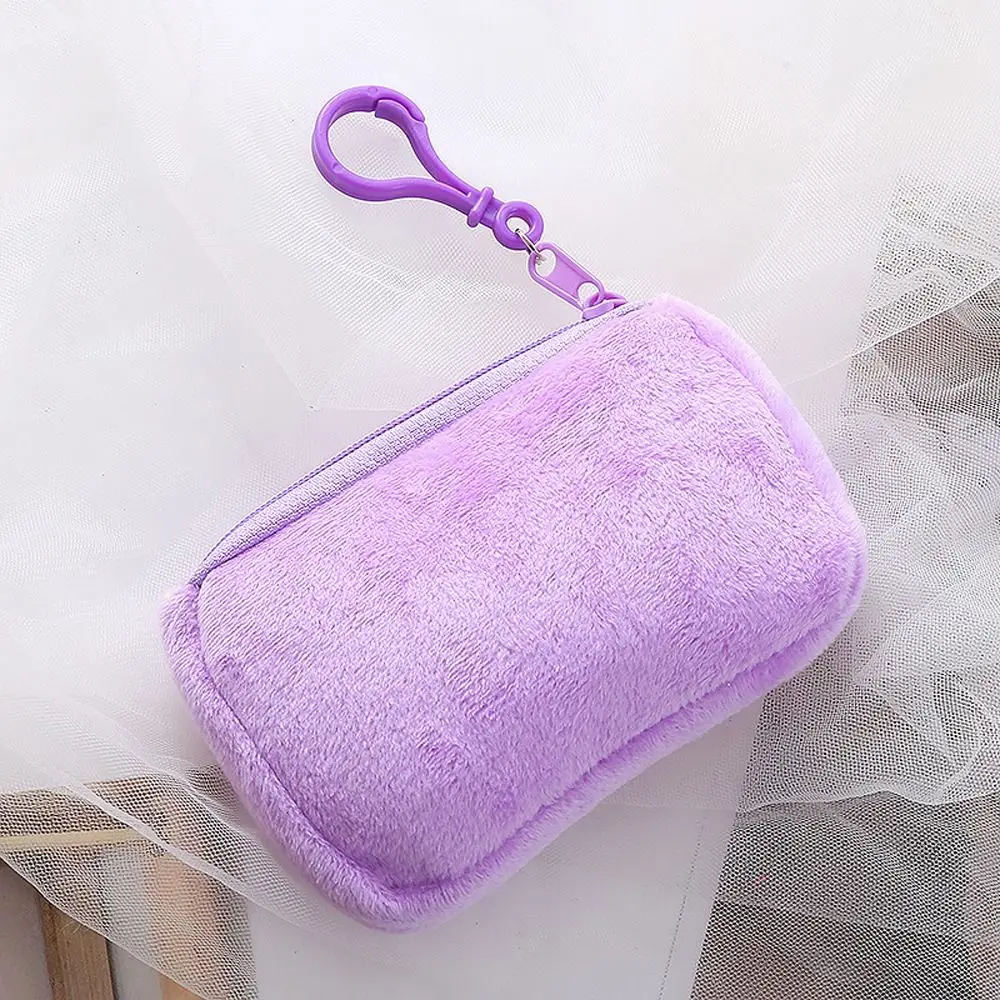 Monedero de felpa de Color liso con llavero, bolsa de lápiz labial con cremallera de gran capacidad, estilo coreano, rectangular, Bolso pequeño para auriculares