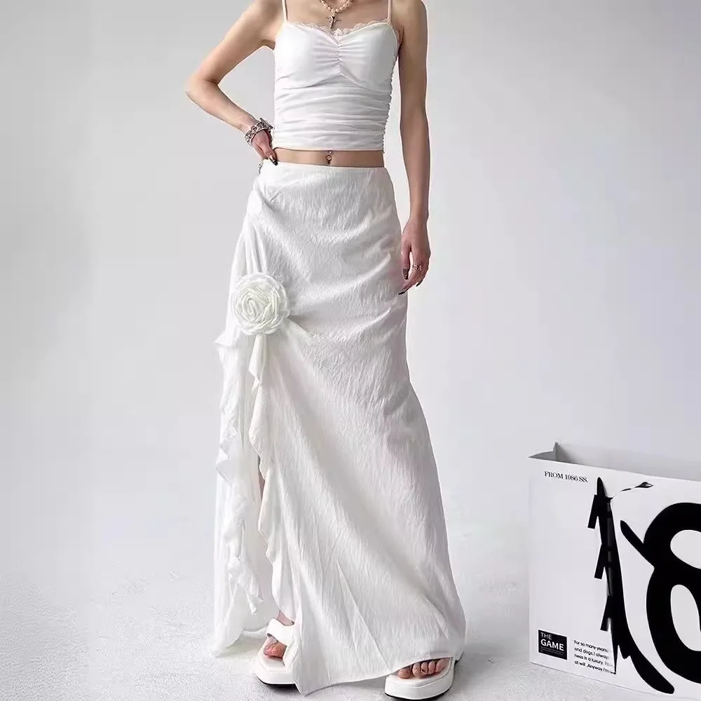 

Summer 3D floral disc high waisted split skirt with pleated high waist, slimming design, long skirt