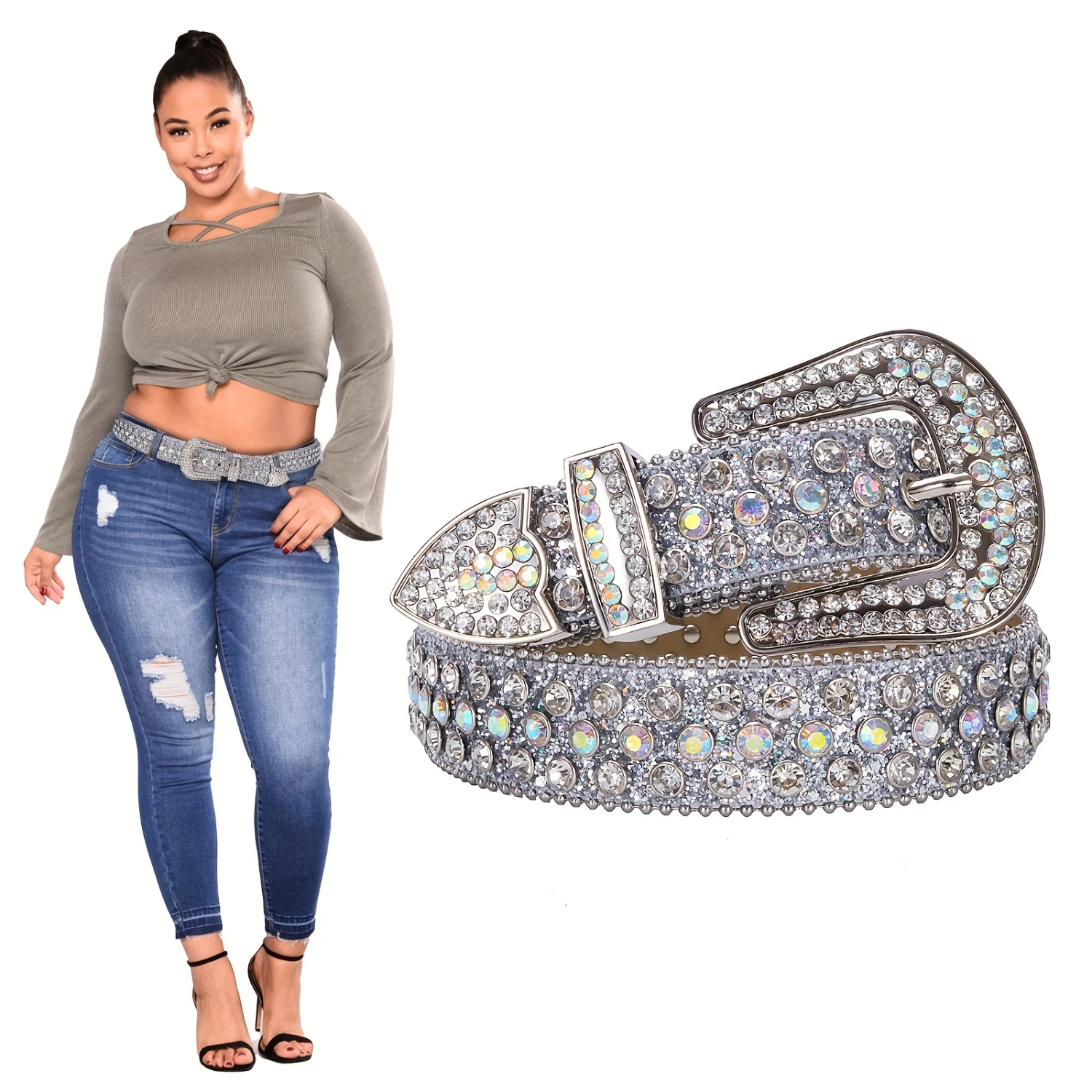 Plus Size Sparkling Rhinestone Y2K Belt - Shining PU Leather Waistband with Sequins, Adjustable Buckle, Classic Design for Festi