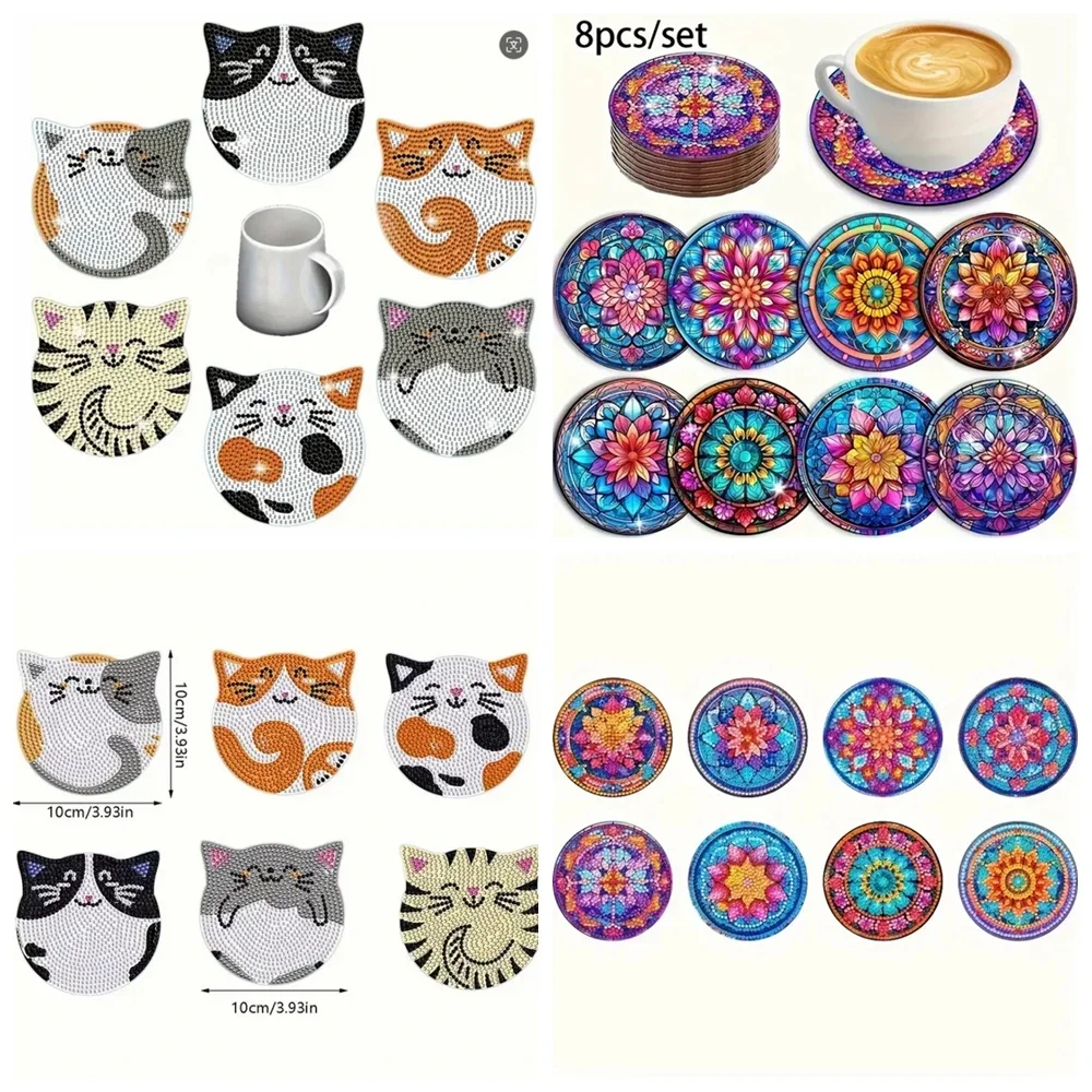 6-8 sztuk/zestaw DIY koty diamentowe podkładki malarskie na napoje antypoślizgowe drewniane podkładki bez uchwytu Mandala diamentowe malowanie Coaster
