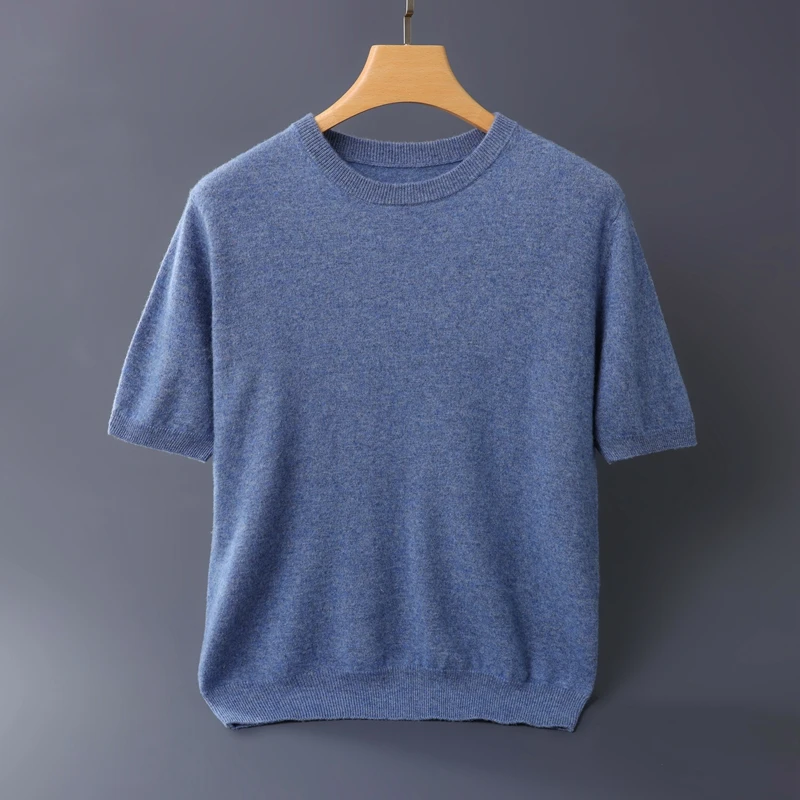 High-End Men'S 100% Pure Cashmere Short-Sleeve Summer Breathable Men'S Round-Neck T-Shirt, Flat-Knit Casual Half-Sleeve Shirt